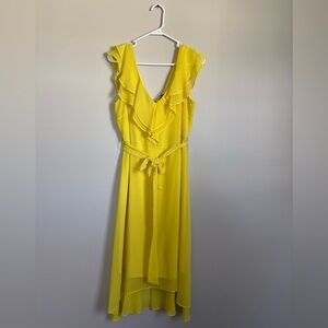 DKNY Ruffle Dress 10 Bright Yellow Chiffon Lined Flutter V-Neck Back